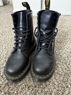 Dr. Martens Black Leather Lace-Up Ankle Boots with Yellow Stitching Women’s 6